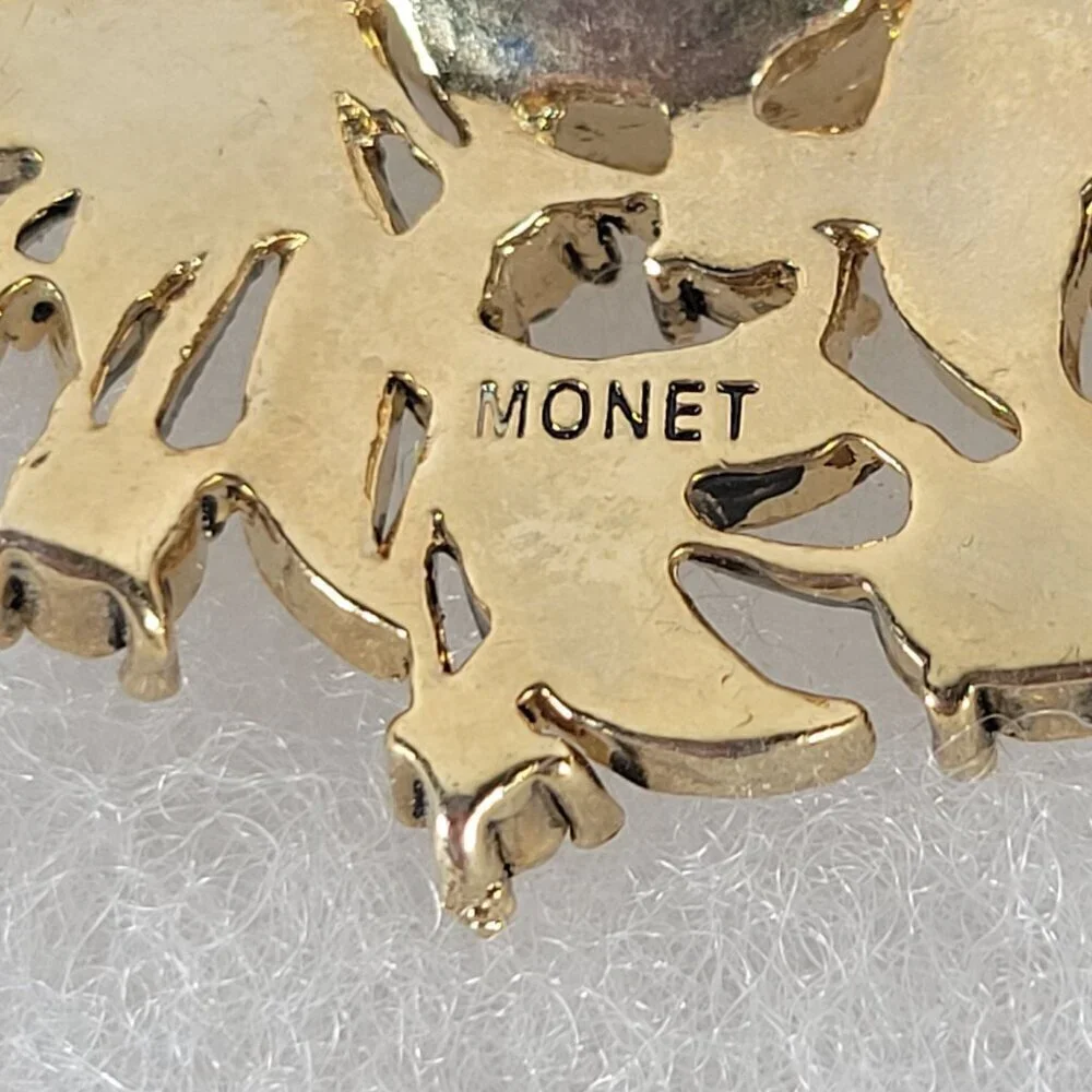 Vintage Monet Gold-Tone Faux Pearl Rhinestone Floral Brooch Pin Missing Stone